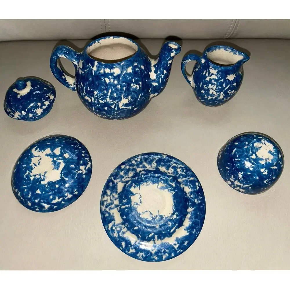 Rare 1987 Signed Barb Hall Miniature 5pc Blue Spongeware Tea Set 
